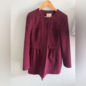 LOFT Collarless Burgundy Wool Pea  Size S
